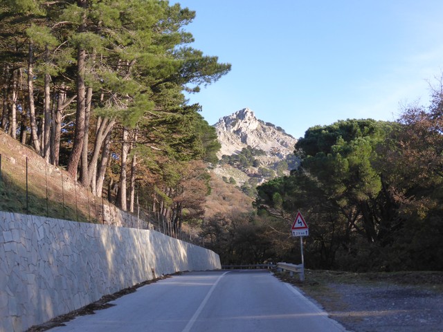 Blick auf die Rocca Salvatesta in der Waldpassage nach Novara di Sicilia.
