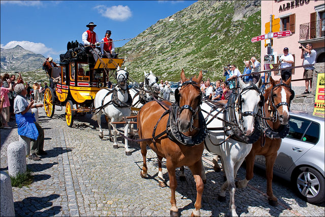 Historische Postkutsche auf dem St. Gotthardpass (2109m). 29.Juli 2009