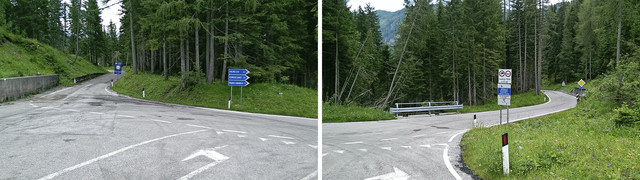 Bildmontage: Wir kommen die SS619 hinunter, von der Sella di Razzo oder Sella Ciampigoto kommend, und müssen der SS465 Vorfahrt gewähren. Nach rechts geht's Richtung Comeglians runter, nach links geht's noch einen oder zwei Höhenmeter auf die Forcella Lavardet ...