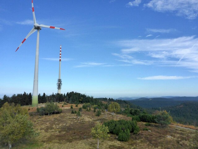 Blick nach Norden vom Bismarckturm,  Windrad und SWR-Sendeturm